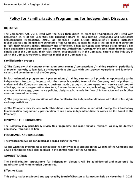 Policy for Familiarization Programmes for Independent Directors